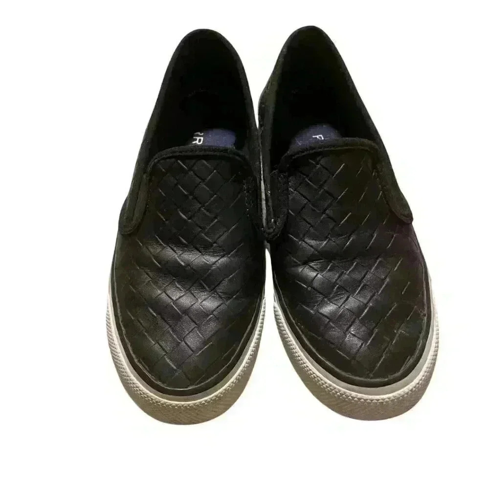 Black Seaside Emboss Weave Slip On Leather Sneakers || Sperry || Size US 6.5